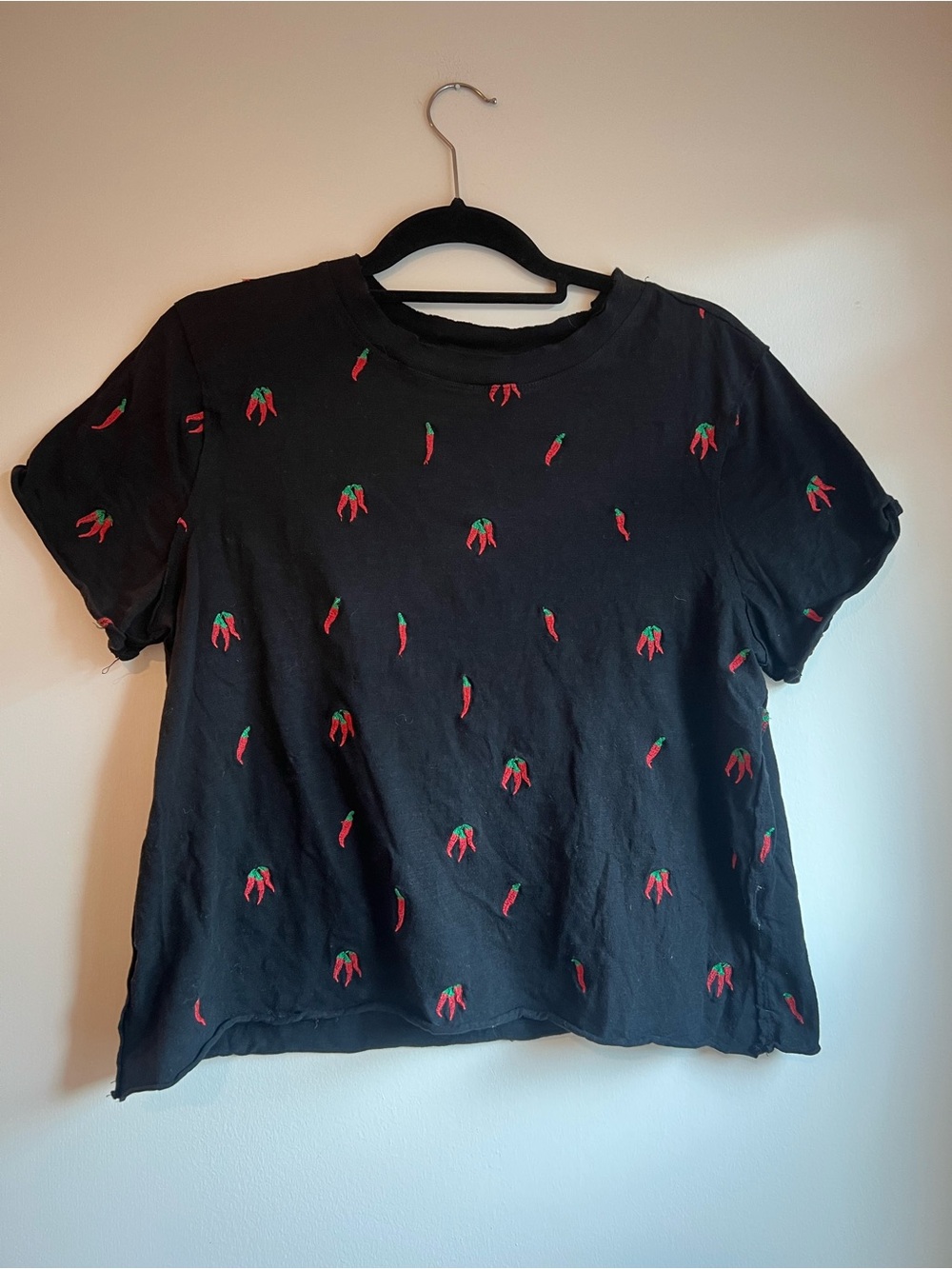 Maeve Black Short Sleeve Tee with Red & Green Chili Embroidery. 100% cotton